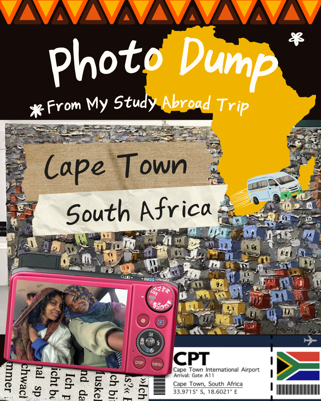 A digital collage or poster serving as a cover for a photo collection for study abroad trip to South Africa. Overlaid on the background is a large, solid yellow silhouette of the continent of Africa. A small, simplified drawing of a green and blue minibus.