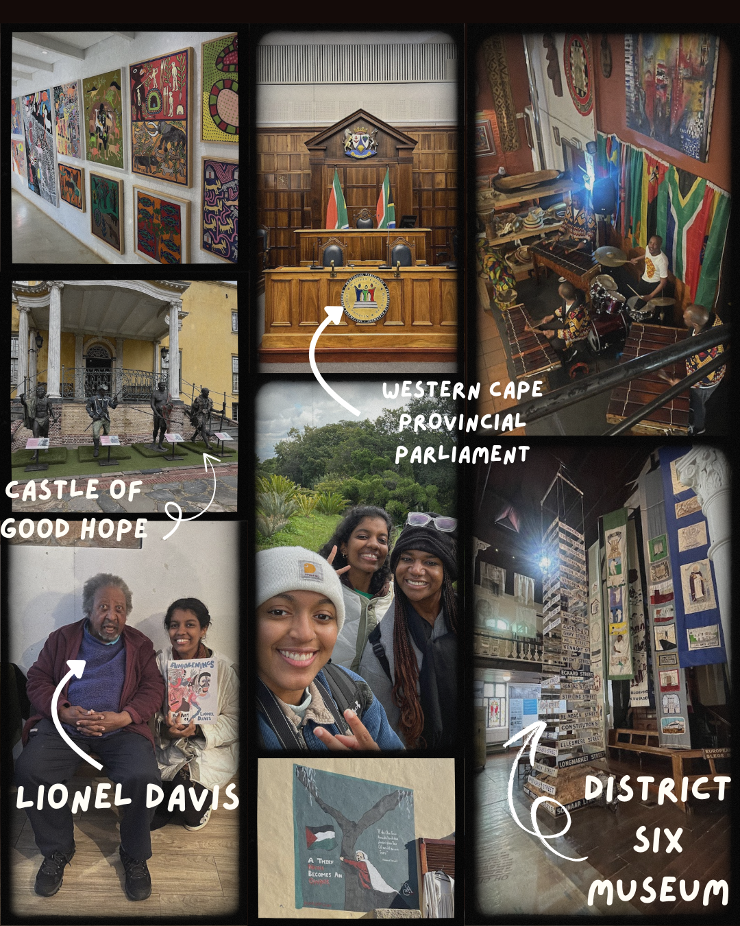 A vertical collage composed of nine photographs, predominantly featuring cultural and historical sites in South Africa, some with text overlays identifying the scenes.